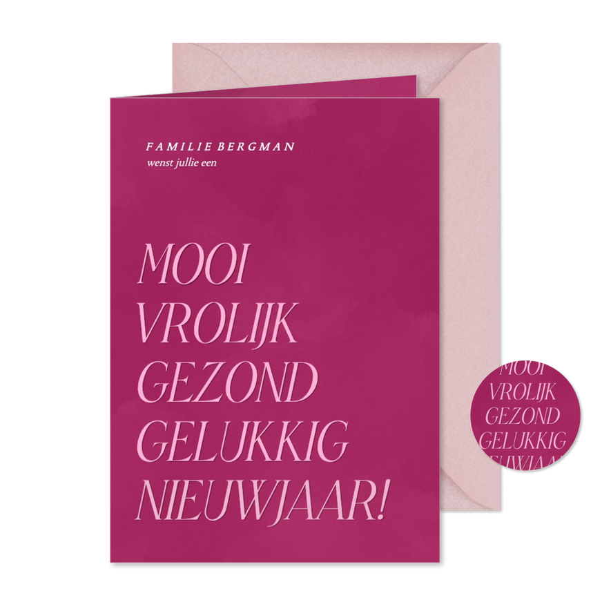 Roze nieuwjaarskaart met opsomming van wensen - Kaartimpressie