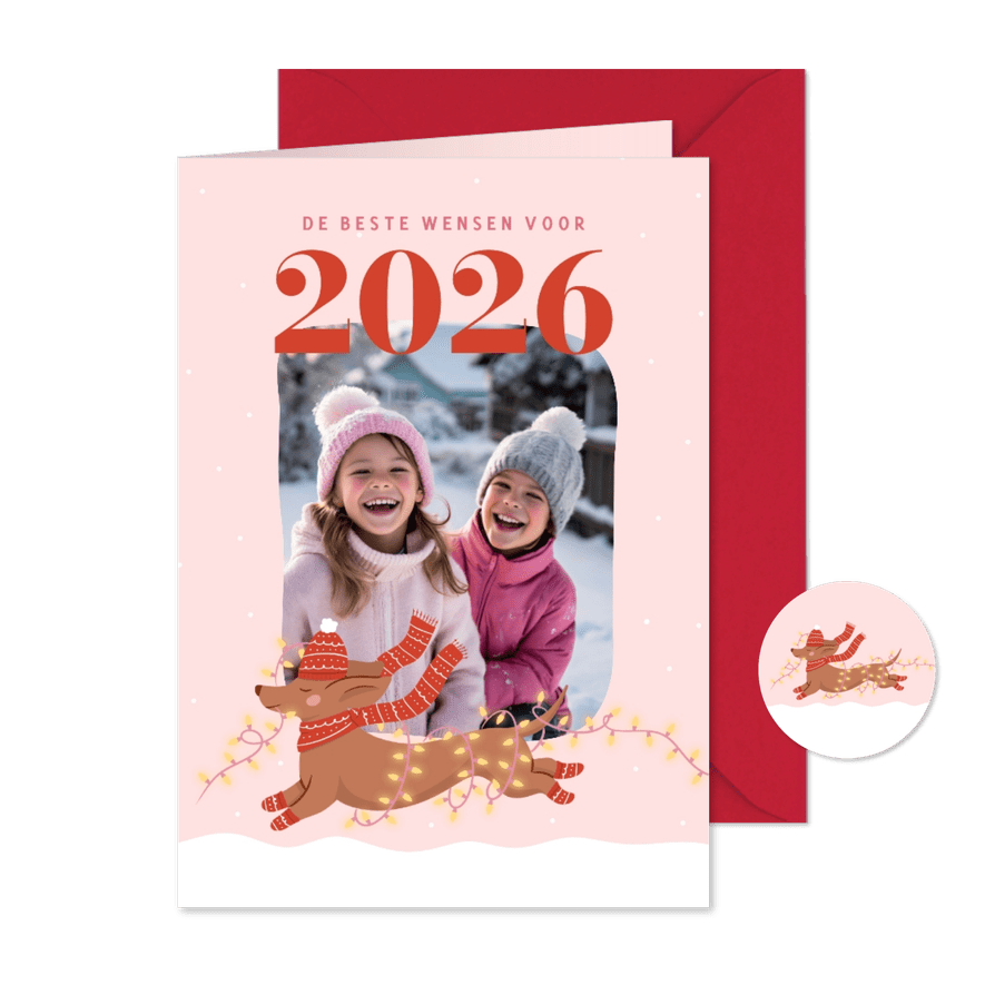 Roze nieuwjaarskaarten met foto, teckel en lampjes - Kaartimpressie