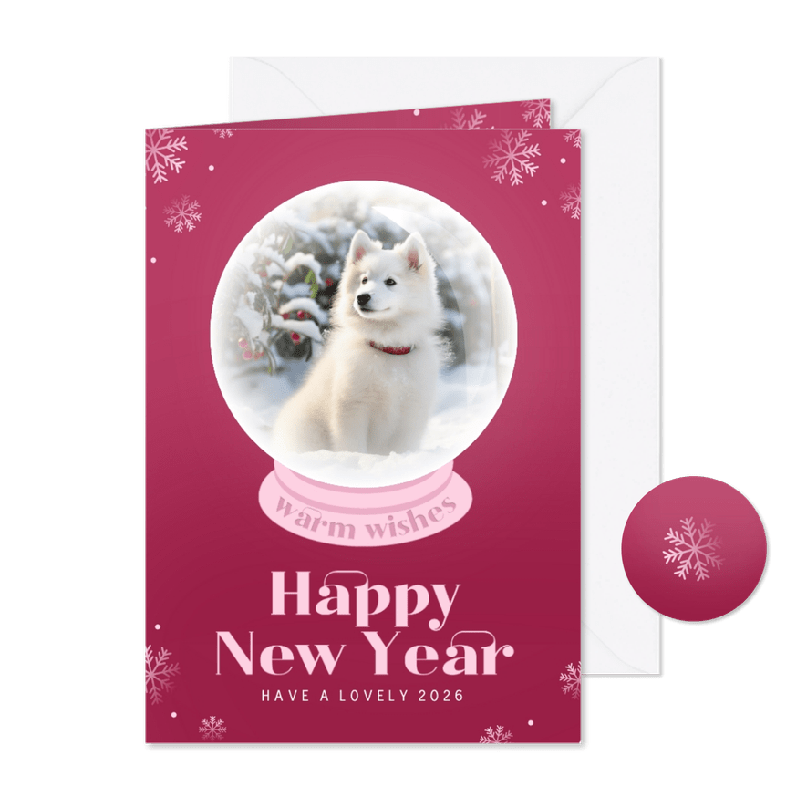 Roze nieuwjaarskaartje met sneeuwvlokken sneeuwbol en foto - Kaartimpressie