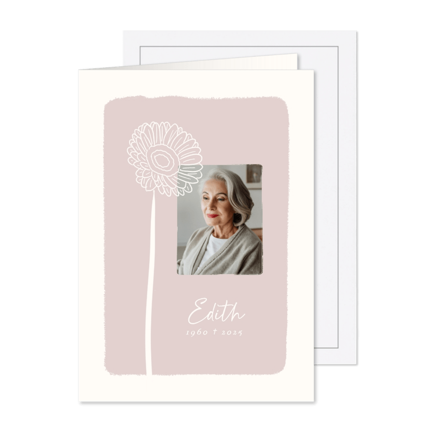 Roze rouwkaart met lijntekening van gerbera - Kaartimpressie