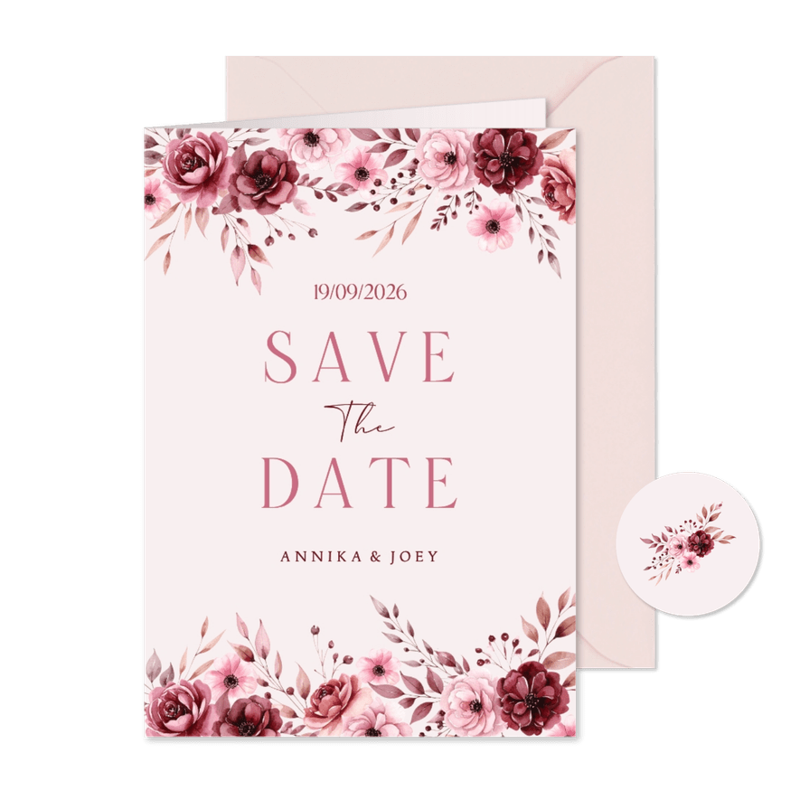 Roze save the date kaart met klassieke waterverf bloemen - Kaartimpressie