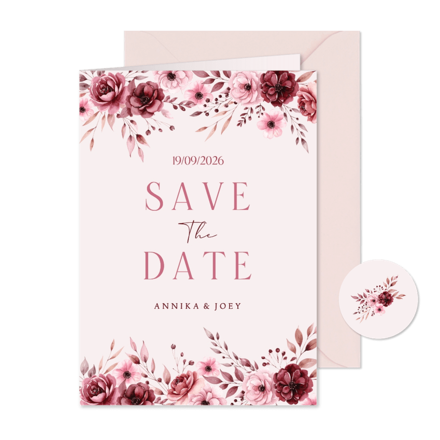 Roze save the date kaart met klassieke waterverf bloemen - Kaartimpressie