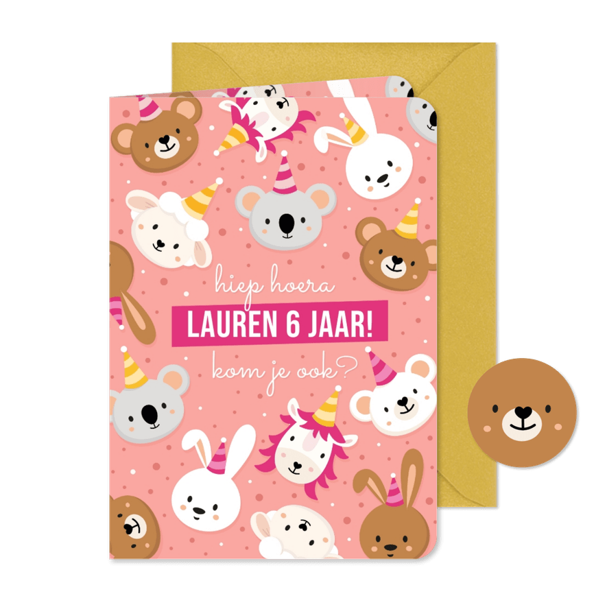Roze uitnodiging kinderfeestje meisjes met lieve diertjes  - Kaartimpressie