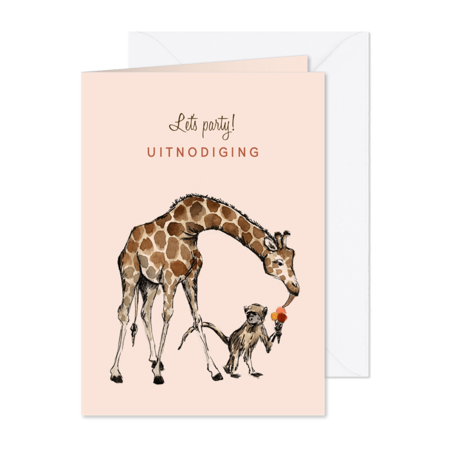 Roze uitnodiging met een giraf en een aapje - Kaartimpressie