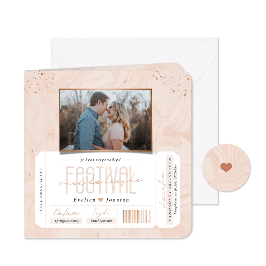 Roze uitnodiging ticket festival vier de liefde met marmer - Kaartimpressie