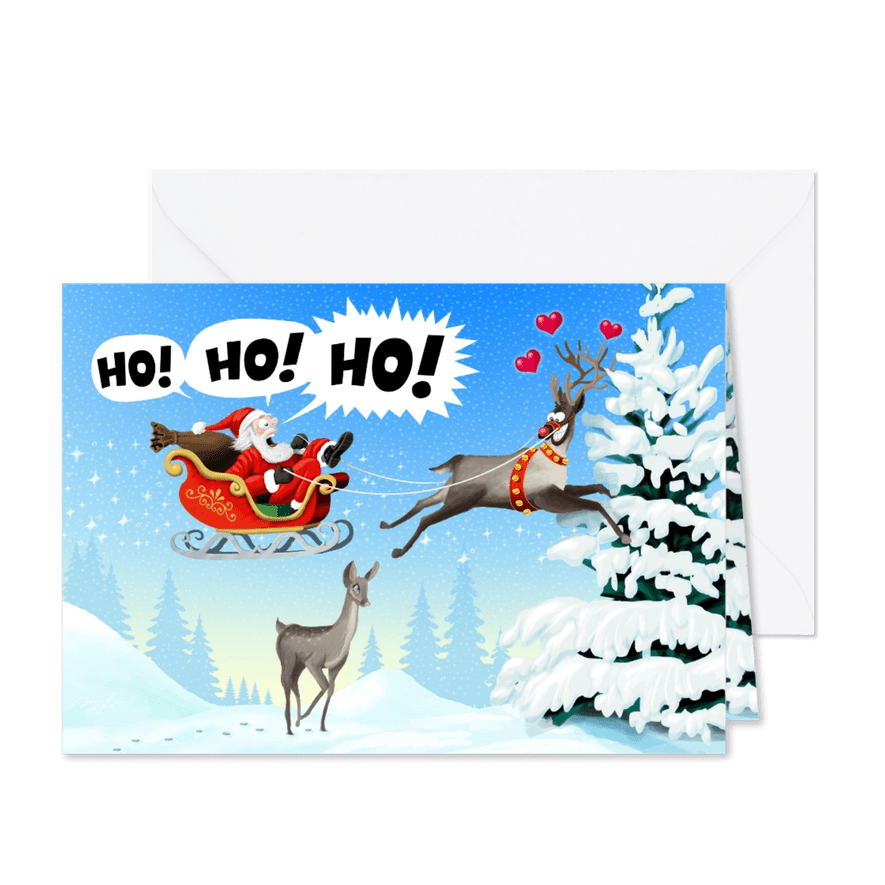 Rudolph en Santa vliegen tegen de boom - Kaartimpressie