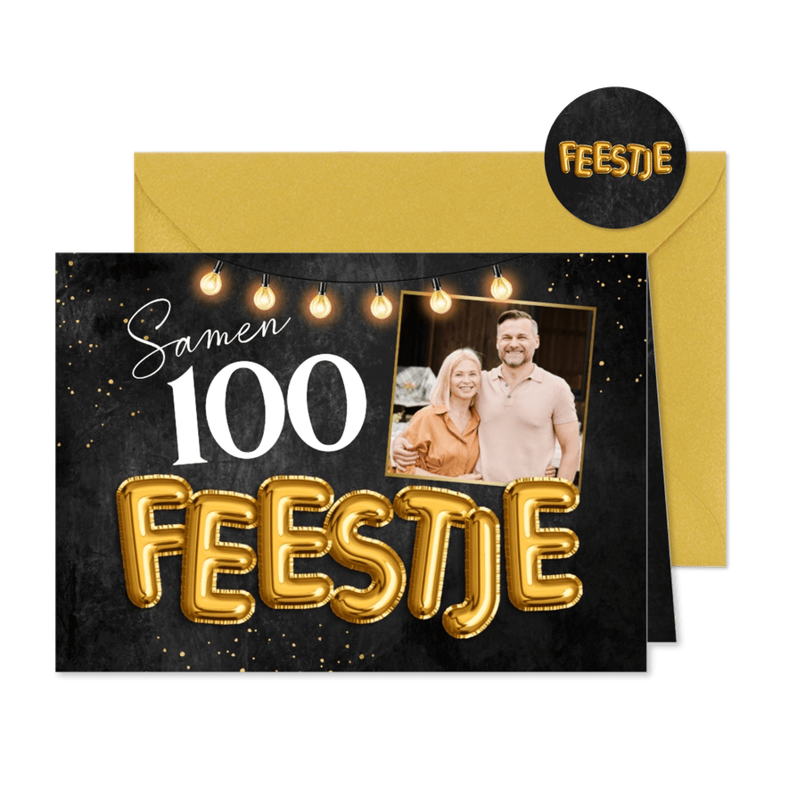 Samen 100 feestje uitnodiging goud folieballon lampjes foto - Kaartimpressie