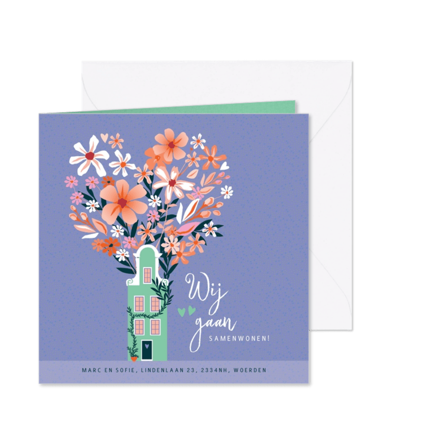 Samenwonen kaart met huisje en bloemen - Kaartimpressie