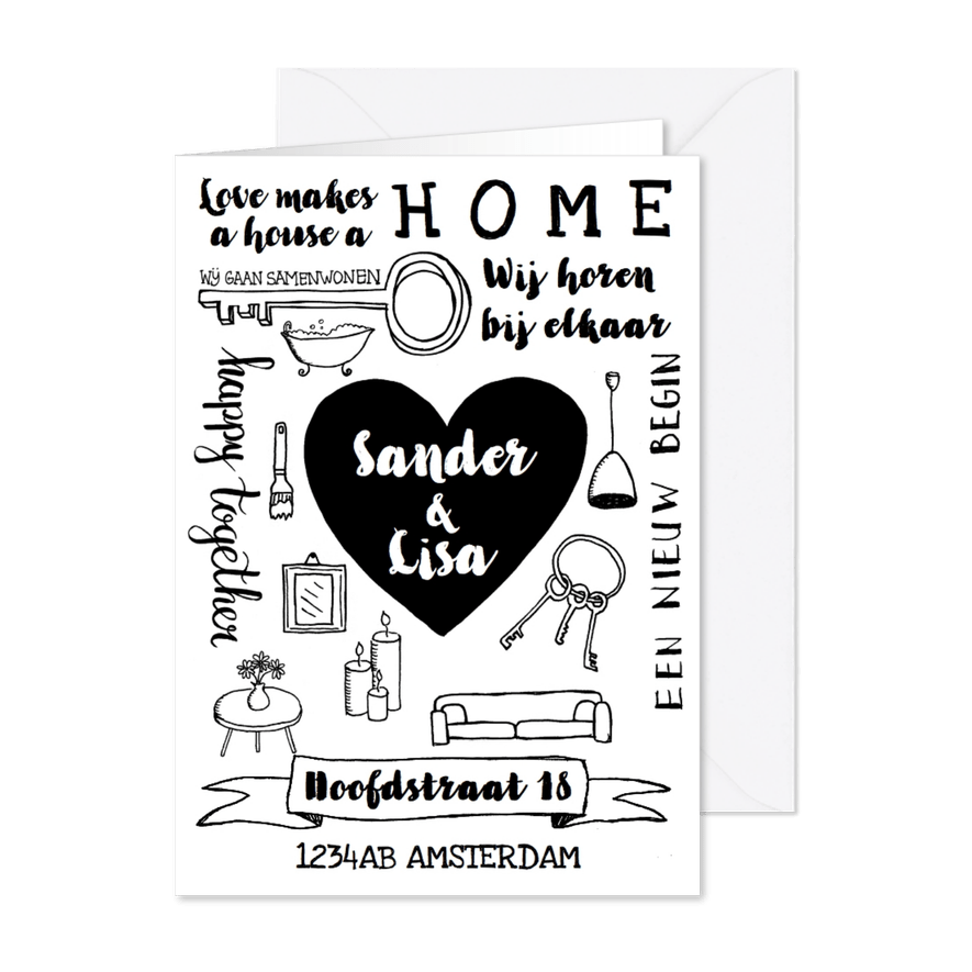 Samenwonen kaart zwart-wit handlettering hart - Kaartimpressie
