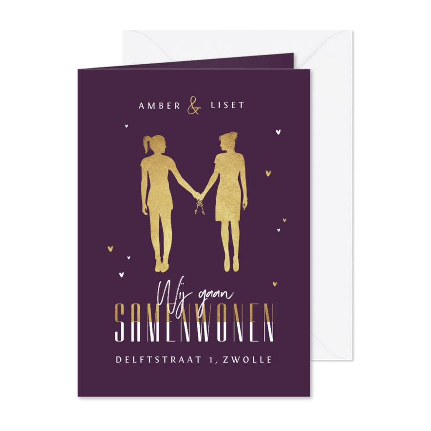 Samenwonen lesbisch goud hartjes silhouet verhuiskaart - Kaartimpressie