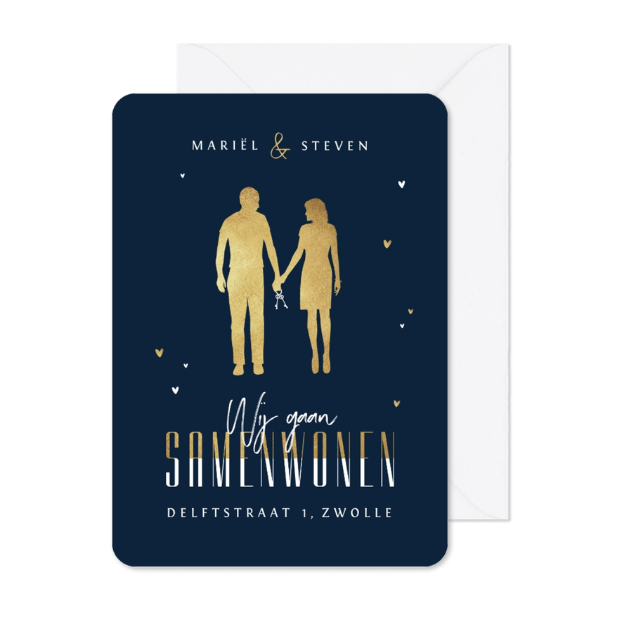 Samenwonen verhuiskaart goud stijlvol stelletje goud hartjes - Kaartimpressie