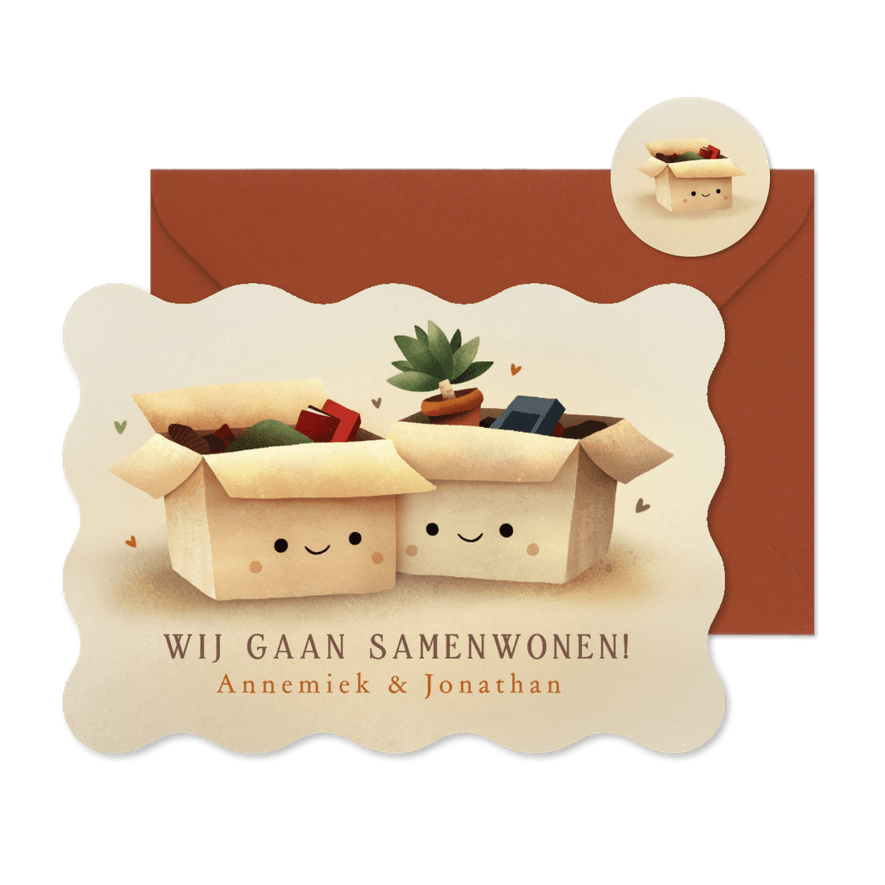Samenwonen verhuiskaart met 2 verhuisdozen met oogjes - Kaartimpressie