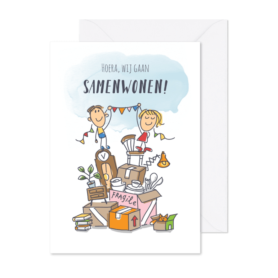 Samenwoonkaart met stel boven op een berg verhuisdozen - Kaartimpressie