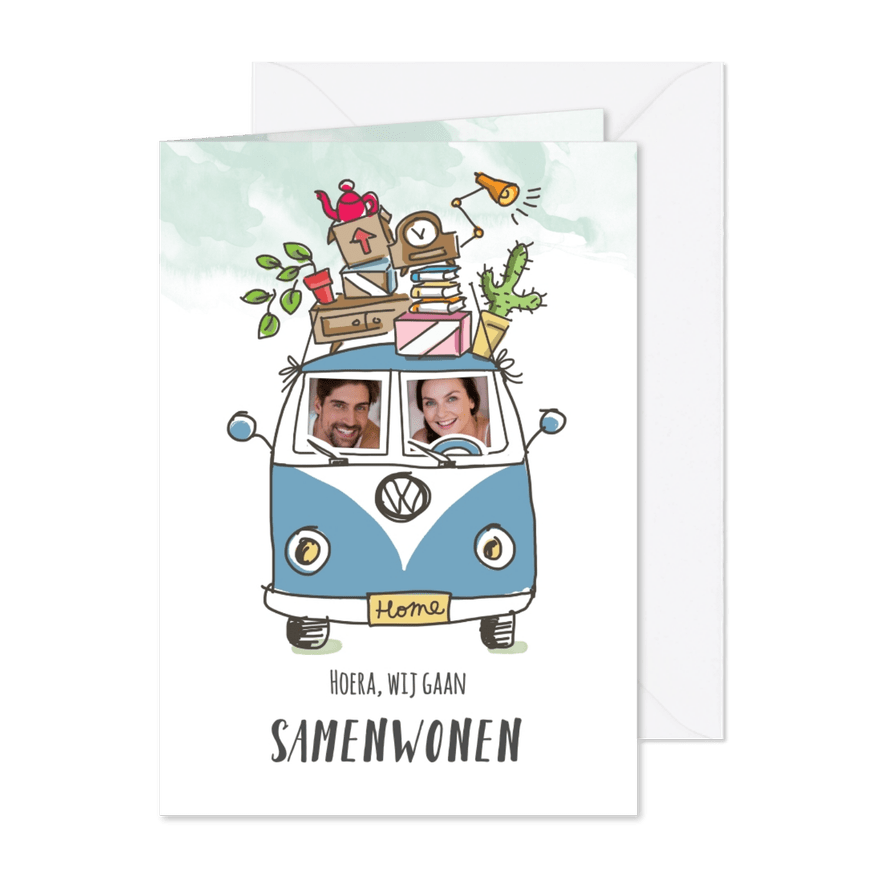 Samenwoonkaart met stel in Volkswagenbusje - Kaartimpressie