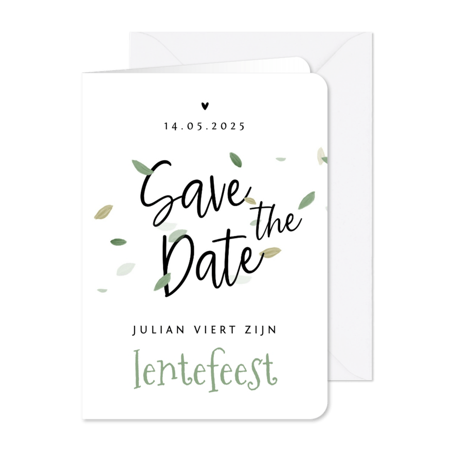 Save te date lentefeest eco blaadjes stijlvol hartjes - Kaartimpressie