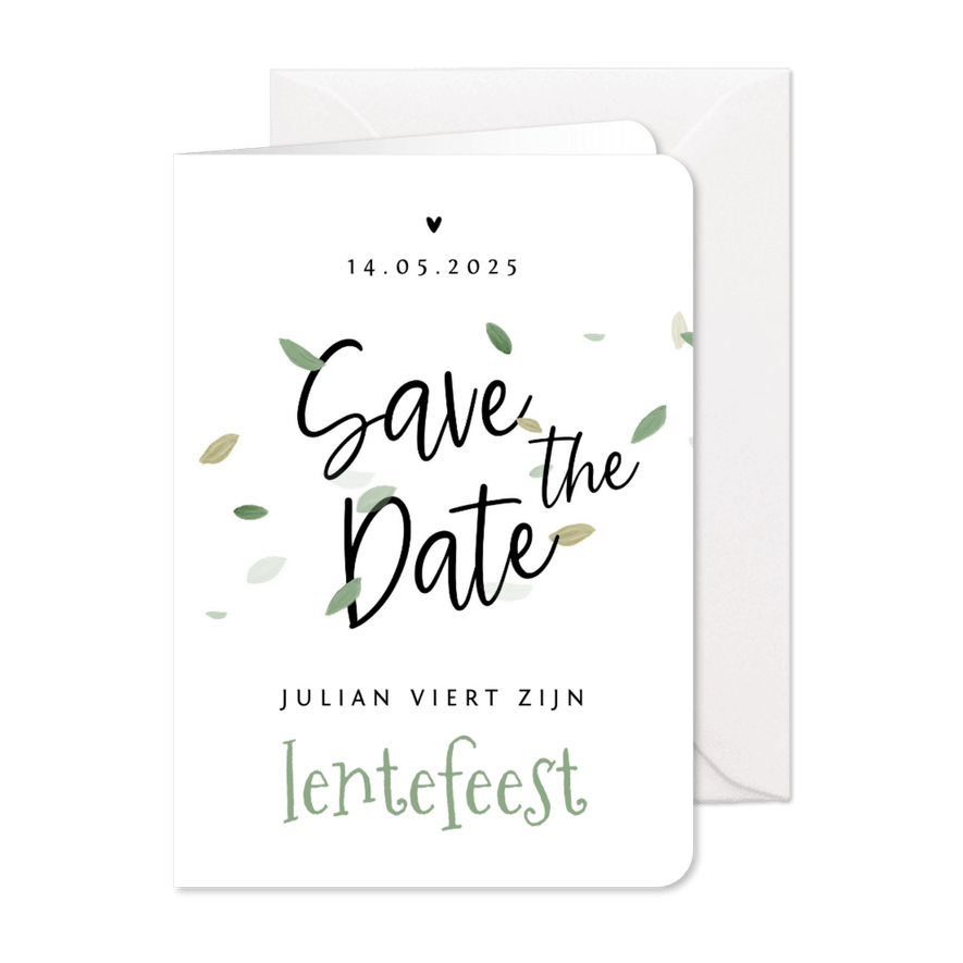 Save te date lentefeest eco blaadjes stijlvol hartjes - Kaartimpressie