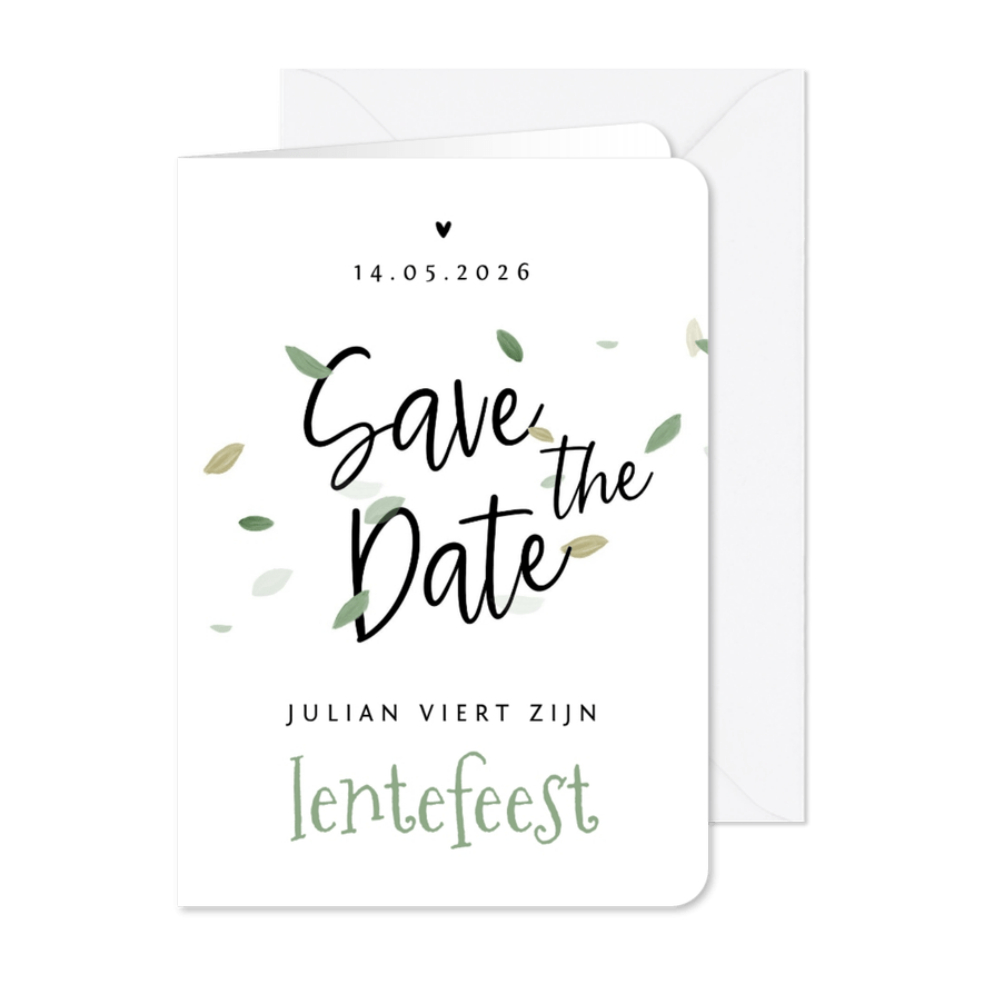 Save te date lentefeest eco blaadjes stijlvol hartjes - Kaartimpressie