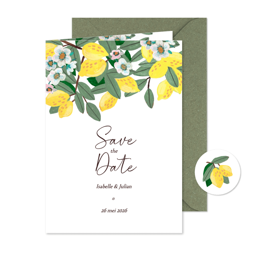 Save the Date bloemen en citroenen - Kaartimpressie