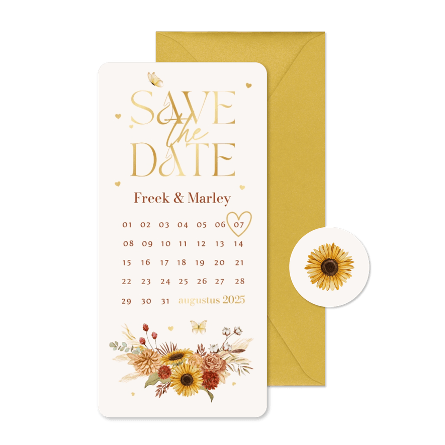 Save the date bohemian bloemen zomer vlinders goud kalender - Kaartimpressie