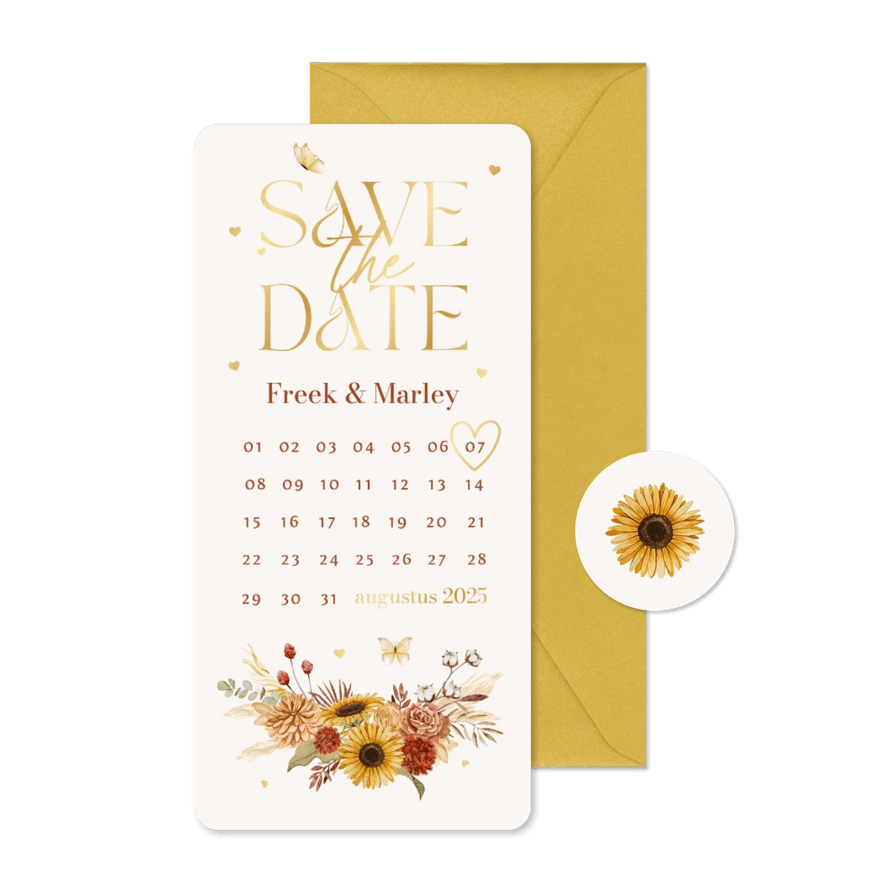 Save the date bohemian bloemen zomer vlinders goud kalender - Kaartimpressie