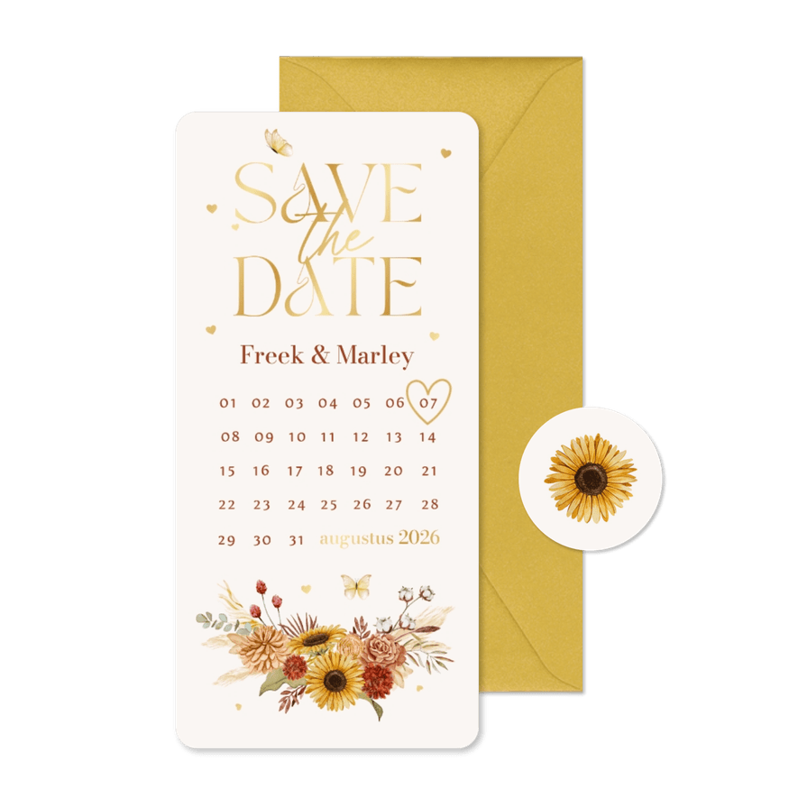 Save the date bohemian bloemen zomer vlinders goud kalender - Kaartimpressie