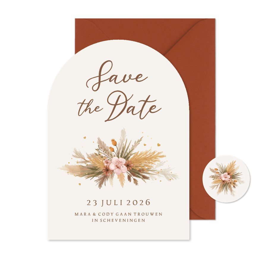 Save the Date boogkaart bohemian bloemen gras romantisch - Kaartimpressie