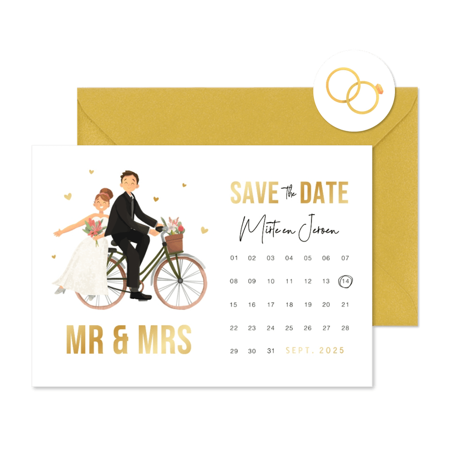 Save the date cartoon bruidspaar fiets kalender mr mrs  - Kaartimpressie