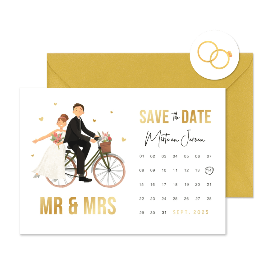 Save the date cartoon bruidspaar fiets kalender mr mrs - Kaartimpressie