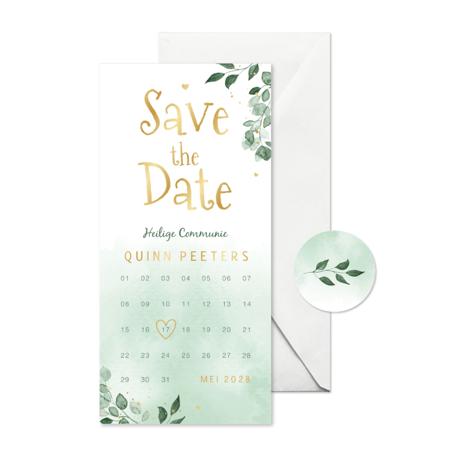 Save the date communie kalender waterverf goud takjes - Kaartimpressie