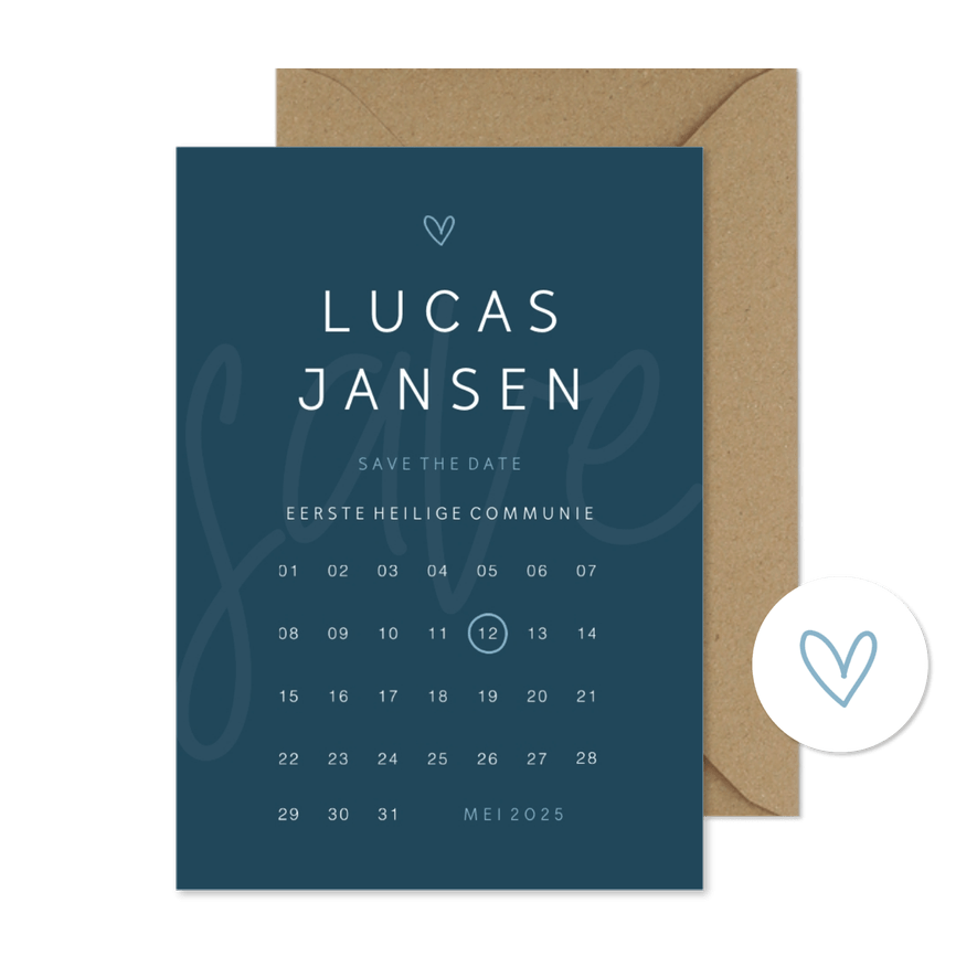 Save the date communie minimalistisch met hartje kalender - Kaartimpressie