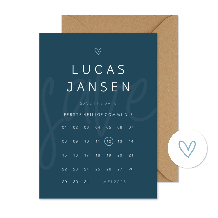 Save the date communie minimalistisch met hartje kalender - Kaartimpressie