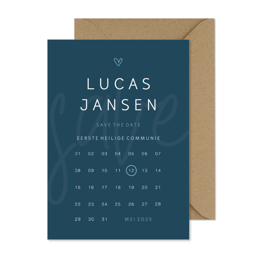 Save the date communie minimalistisch met hartje kalender - Kaartimpressie