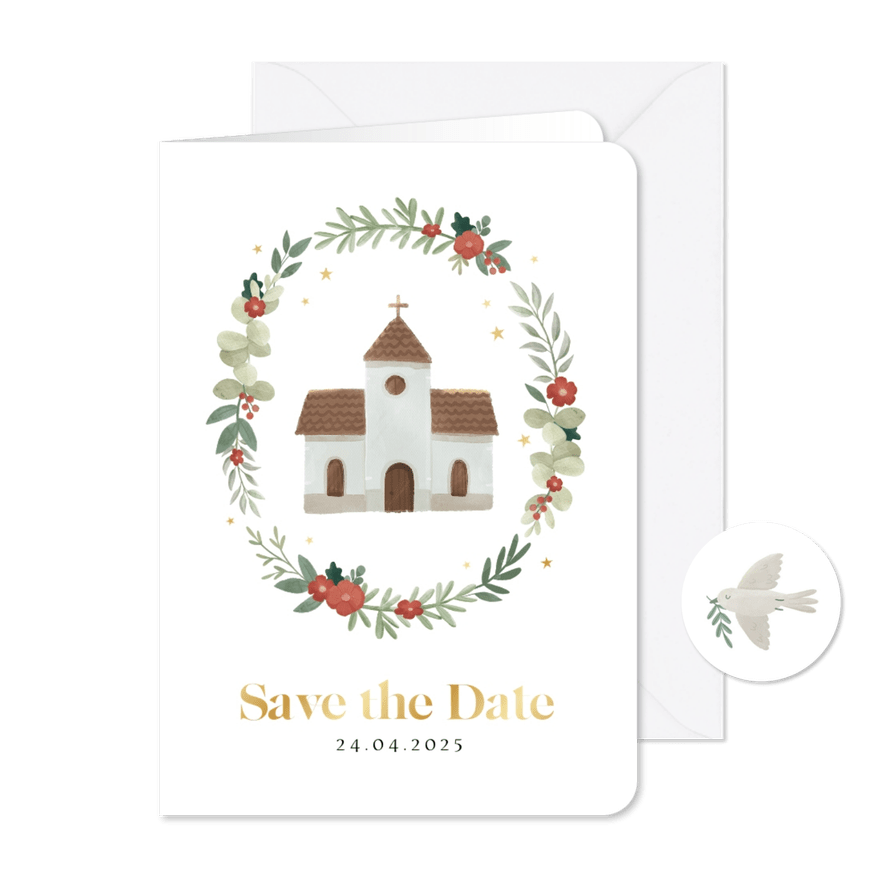 Save the date communiekaart illustratie kerk bloemen sterren - Kaartimpressie