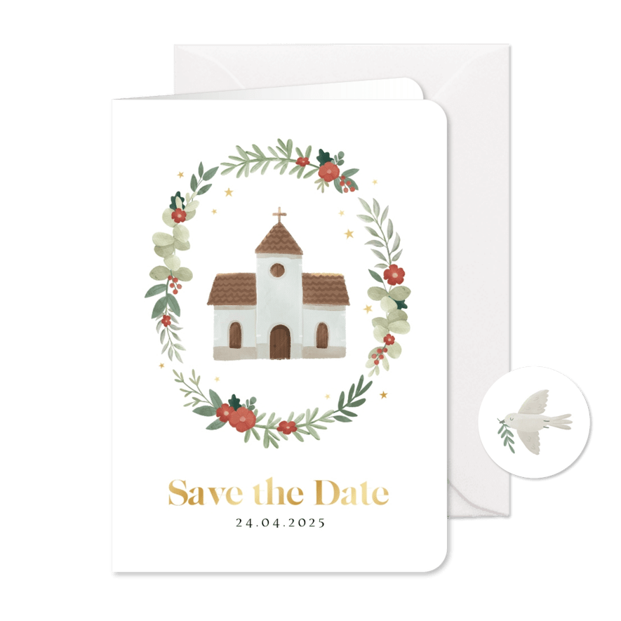 Save the date communiekaart illustratie kerk bloemen sterren - Kaartimpressie