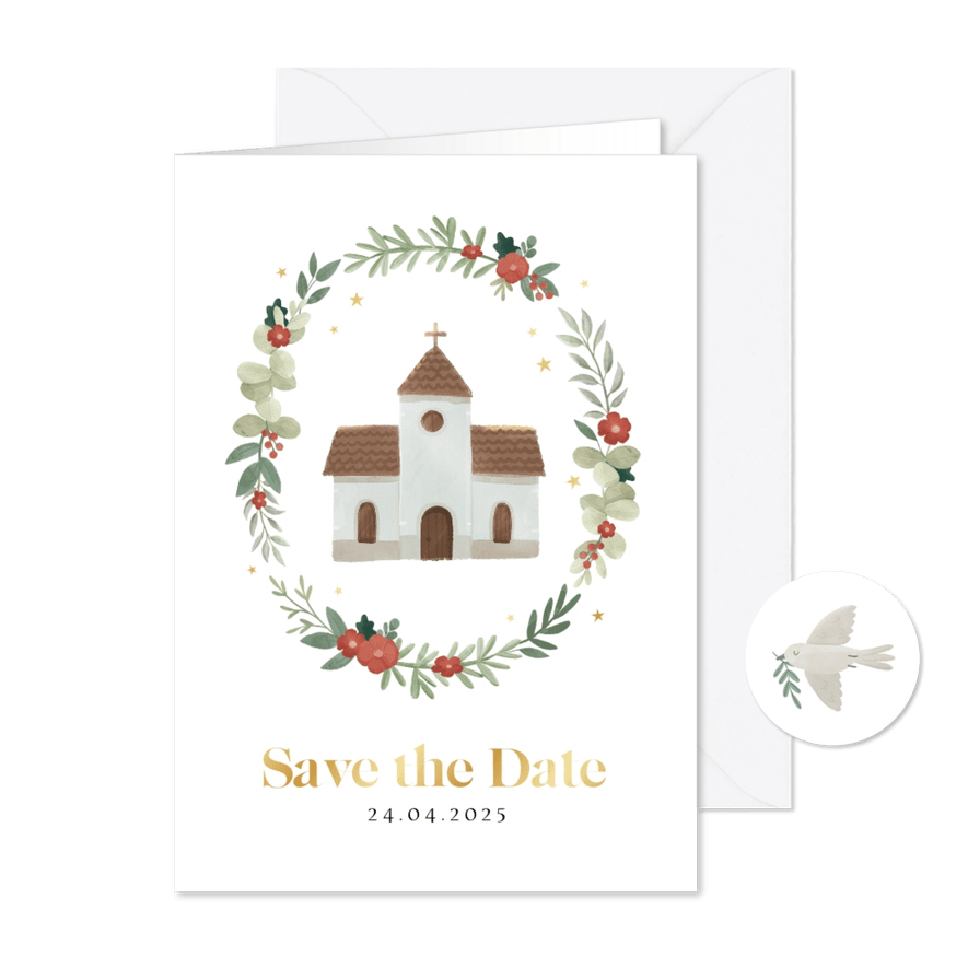 Save the date communiekaart illustratie kerk bloemen sterren - Kaartimpressie