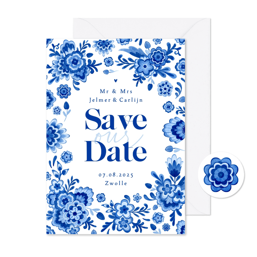 Save the date Delfts blauw bloemen stijlvol romantisch - Kaartimpressie