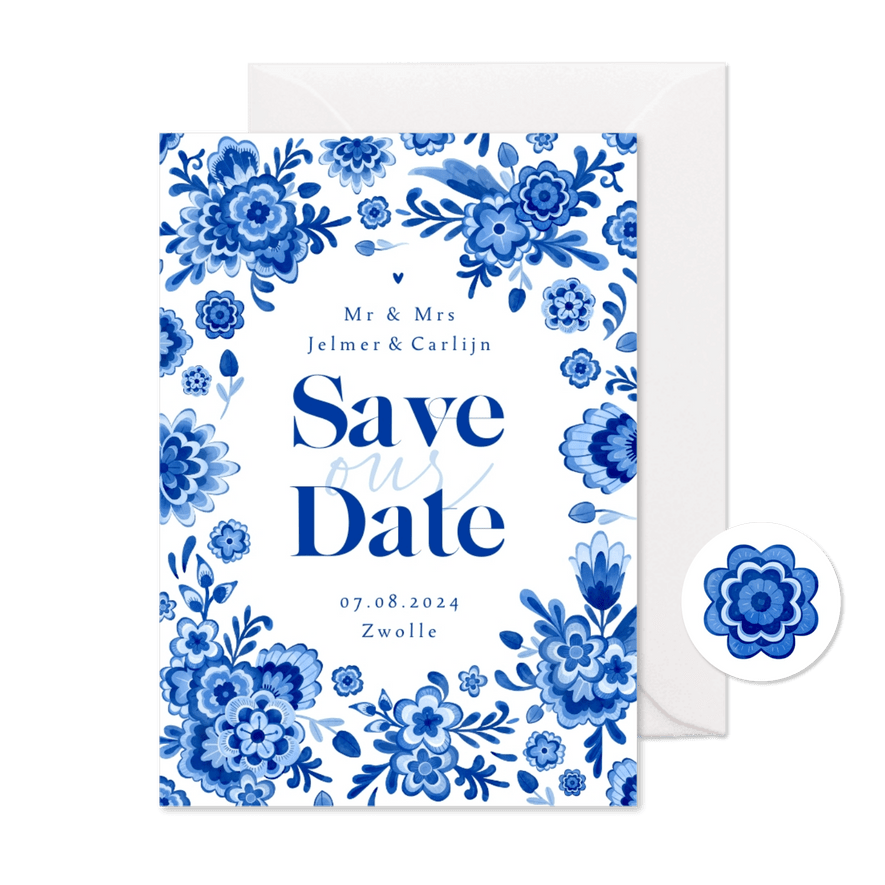 Save the date Delfts blauw bloemen stijlvol romantisch - Kaartimpressie