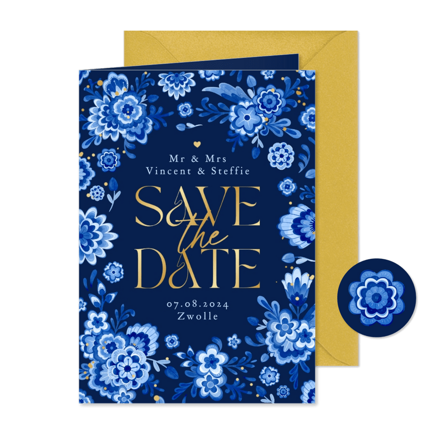 Save the date Delfts blauw donker bloemen romantisch - Kaartimpressie