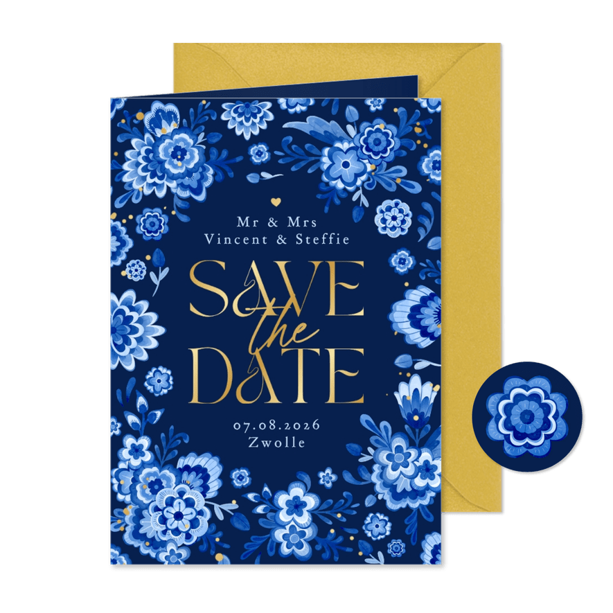 Save the date Delfts blauw donker bloemen romantisch - Kaartimpressie