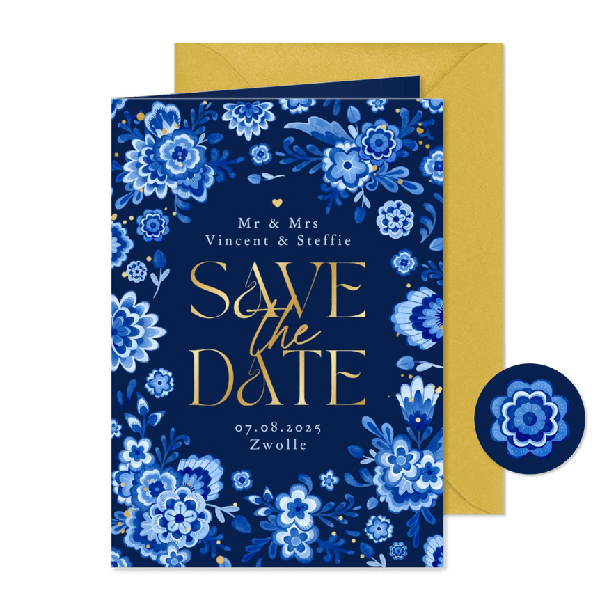 Save the date Delfts blauw donker bloemen romantisch - Kaartimpressie