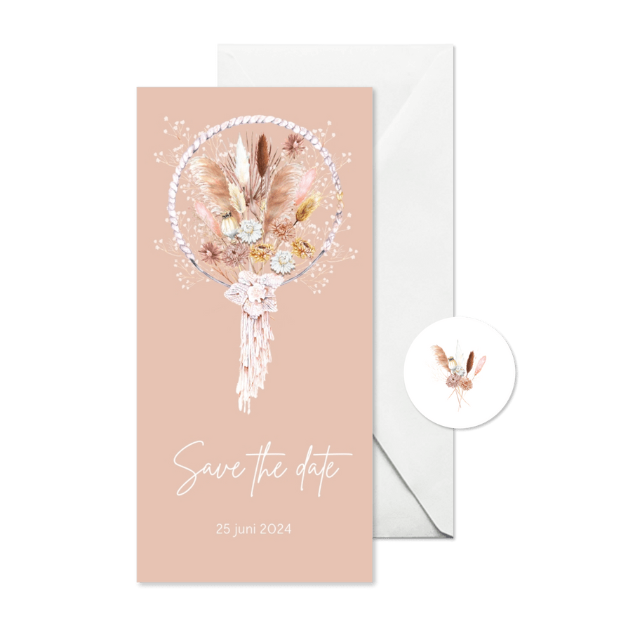 Save the date droogbloemen dreamcatcher macrame - Kaartimpressie