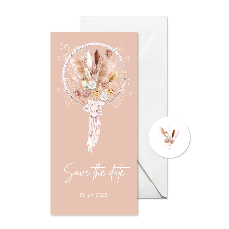 Save the date droogbloemen dreamcatcher macrame - Kaartimpressie