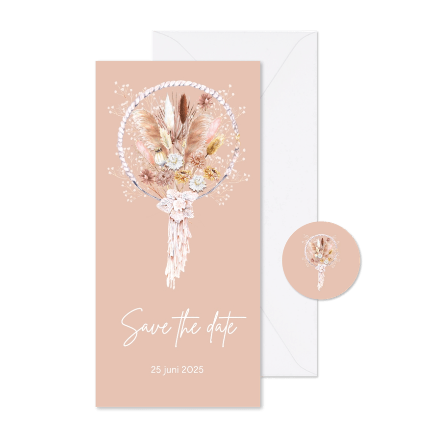 Save the date droogbloemen dreamcatcher macrame - Kaartimpressie