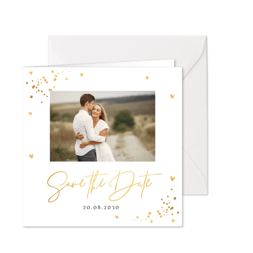 Save the Date eigen foto confetti goudlook - Kaartimpressie