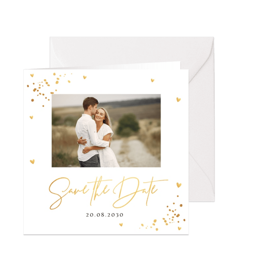 Save the Date eigen foto confetti goudlook - Kaartimpressie