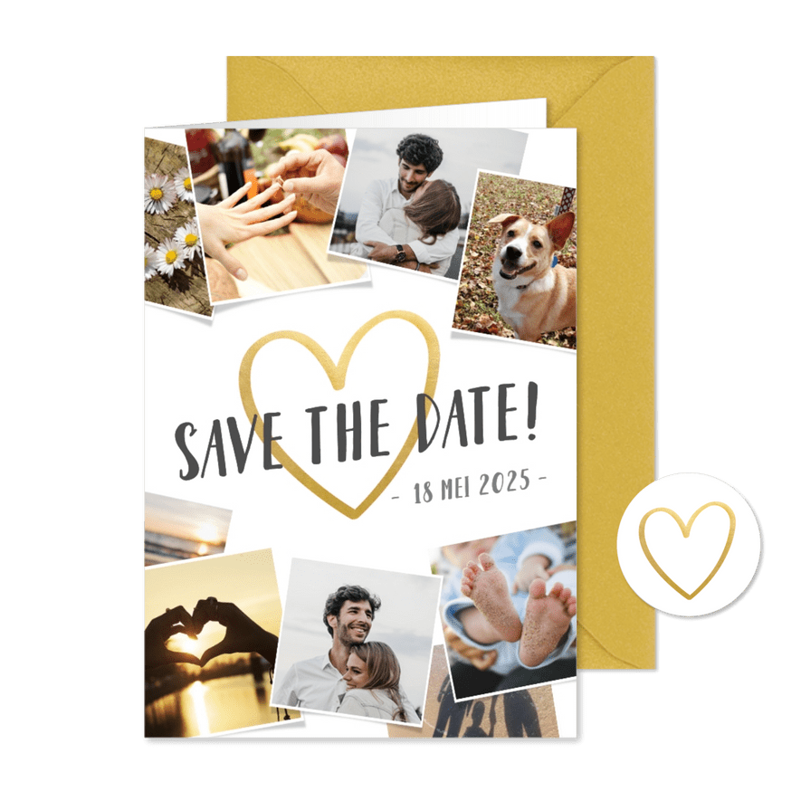 Save the Date fotocollage kaart en gouden hart - Kaartimpressie