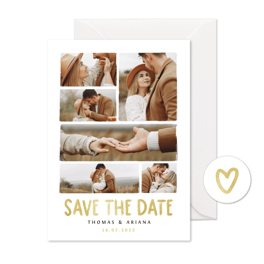 Save the date fotocollage trouwkaart met gouden tekst - Kaartimpressie