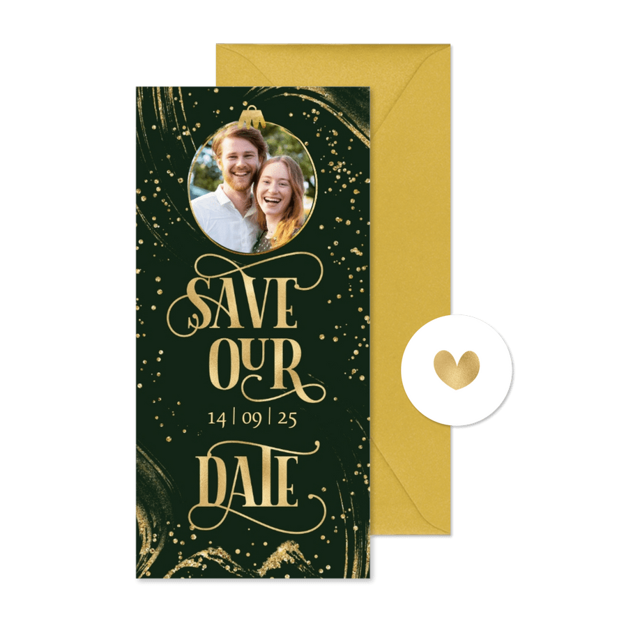 Save the date goudlook kerst foto sierlijke typografie - Kaartimpressie