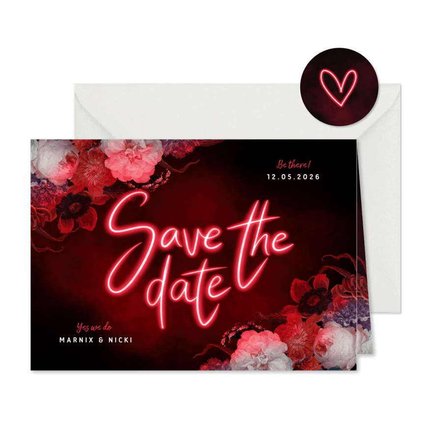 Save the date hip neon bloemen - Kaartimpressie