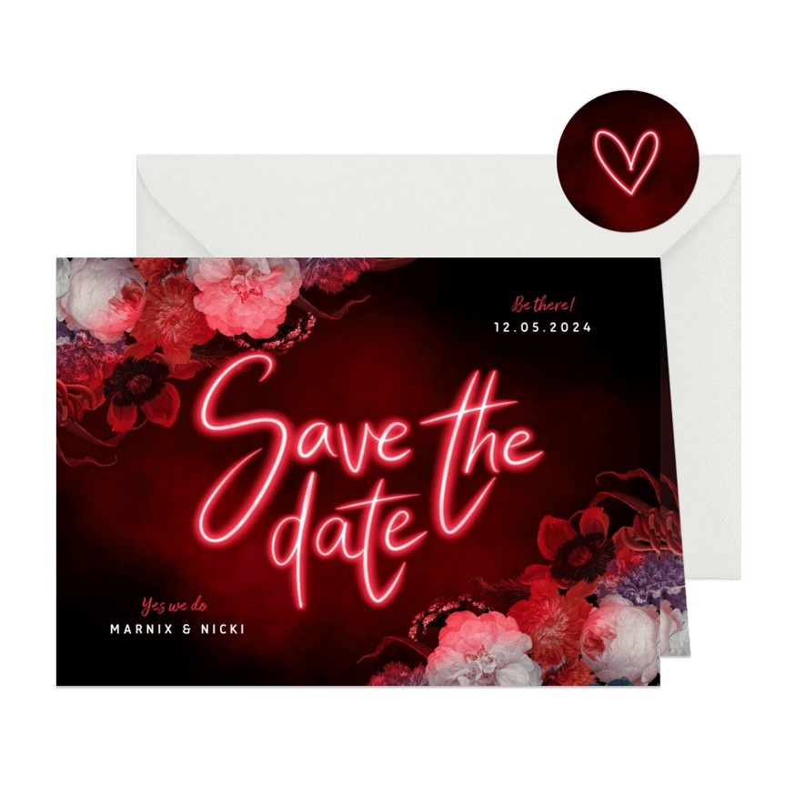 Save the date hip neon bloemen - Kaartimpressie